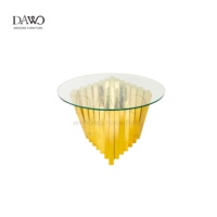 Table à gâteau ronde en verre avec base verticale dorée, style artistique moderne, pour location de réceptions de mariage et de fêtes