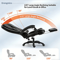 Chaise de bureau ergonomique en cuir noir moderne à dossier haut, avec support lombaire réglable, accoudoirs fixes et repose-pieds pivotant