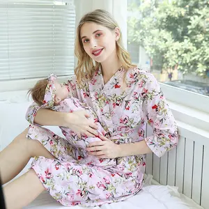 P110061 Mom Nursing Pregnant Nightgown Dress Matching Maternity Robe And Matching Baby 3 pcs set