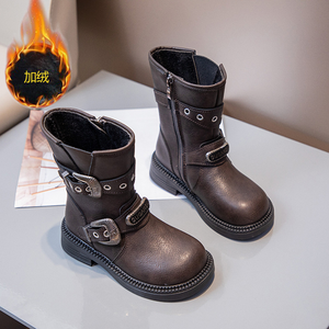 Botas Vaqueras de Otoño para Niñas con Botones Metálicos, de Cuero PU, Punta Redonda, Cierre de Cremallera, Zapatos Cortos para Niños, Botas de Moda Infantiles - Product Image 3