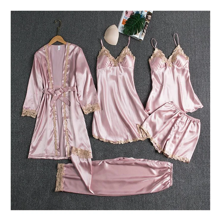 Bán Buôn 5Pcs Cộng Với Kích Thước Đêm Áo Sexy Ngủ Phù Hợp Với Ren Satin Nightdress Cho Phụ Nữ Thiết Lập Quan Hệ Tình Dục Ngủ Mặc Mềm Lụa Đồ Ngủ