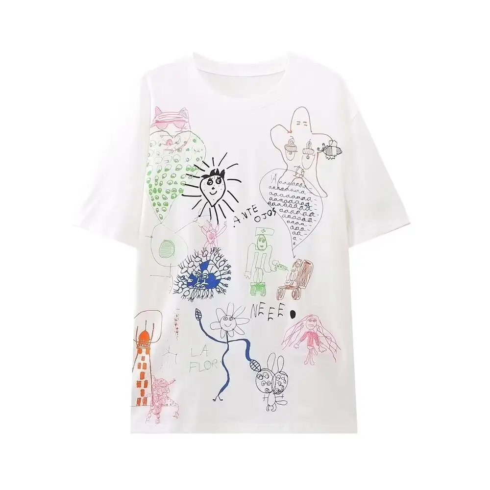 PB & ZA contraste dessin imprimé t-shirt femmes à manches courtes O cou ample t-shirt 2024 casual t-shirt hauts Mujer