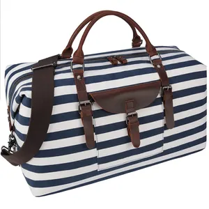 Custom Waterproof Premium Waxed Canvas Travel Duffel Bag Stylish Stripes Genuine Leather Weekender Overnight Bag