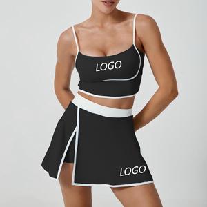 YIYI Deep U-neck Sexy strisce regolabili reggiseno da donna Set Yoga gonna corta con spacco 2 in1 <span class=keywords><strong>Leggings</strong></span> con tasche per ragazze Set sportivo - Product Image 2