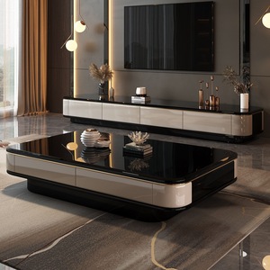 Set Moderno di Lusso con Tavolino Quadrato <span class=keywords><strong>in</strong></span> <span class=keywords><strong>Legno</strong></span> <span class=keywords><strong>e</strong></span> Marmo <span class=keywords><strong>e</strong></span> Mobile TV per Soggiorno con Cassetti, Design Unico <span class=keywords><strong>in</strong></span> <span class=keywords><strong>Vetro</strong></span> Nero - Product Image 1