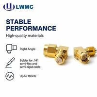 Connecteur RF plaqué or LWMC SMA R/A mâle 1.35 Max, à angle droit, à souder pour câble semi-flexible et semi-rigide de 0,141 pouce jusqu'à 18 GHz