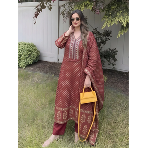 Conjunto de Kurta Recta de Algodón Color Granate con Estampado Herencia, de Secado Rápido y Sin Arrugas, Elegante, Étnico, Tradicional, Festivo y Casual para Mujer - Product Image 2