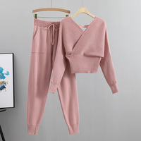 Femmes hiver chaud confortable chauve-souris manteau pantalons longs ensemble doux plissé surdimensionné col en v tricoté pull fourrure respirant