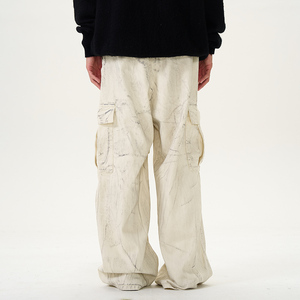 Amerikan Retro moda yıkama beyaz kargo pantolon özel erkekler cep tasarım yapılan kirli düz kot erkekler yüksek sokak Baggy kot - Product Image 4