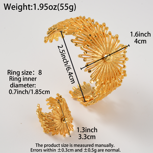 Conjunto de pulseras y anillo de oro delicado, ligero, antideslustre, con diseño floral, estilo filigrana, brazalete abierto, juvenil y pulido para mujer. - Product Image 6