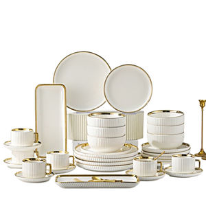 <span class=keywords><strong>Set</strong></span> di Stoviglie in Ceramica a Righe 32 Pezzi, Piatti, Ciotole, Tazze e Piattini con Rilievo Phnom Penh, Design Moderno - Product Image 1