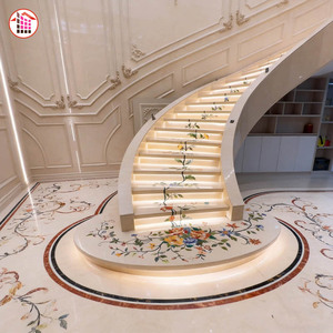 <span class=keywords><strong>Escalier</strong></span> en marbre courbé sur mesure avec incrustation florale au jet d'eau et éclairage LED intégré, design personnalisé pour villa de luxe - Product Image 5