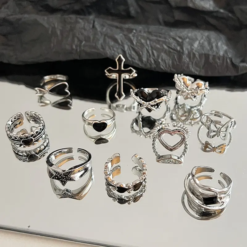 1PC Vintage Black Big Cross Butterfly Opening Rings for Women Men Girls Trendy Gothic Irregular Finger Ring Jewelry