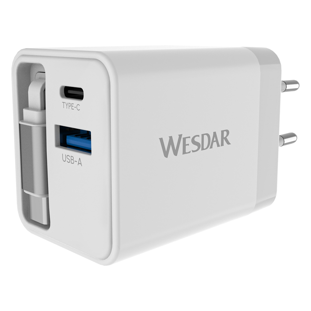 WESDAR 50W GaN Fast Wall Charger with Built-in Retractable Type-C Cable - PD 45W, Dual Port for Android Phone, Tablet,laptop