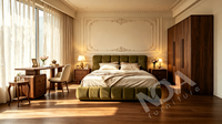 Offre Spéciale : Ensemble de Meubles de Chambre à Coucher – Lit Bulle en Velours Vert Olive / Lit Capitonnée Blanc Festonné, Armoire, Commode et Bureau de Rangement