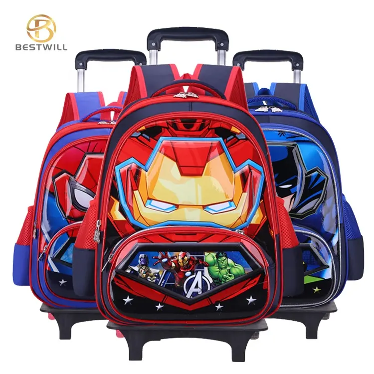BESTWILL High Quality Custom Children Kids Wheeled Marvel Cartoon Kids Trolley School Bag with Wheels