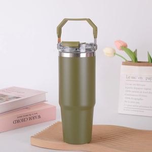 Mug de voyage isotherme sous vide 20oz 30oz avec poignée, couvercle, paille et base antidérapante pour boissons froides - Product Image 5