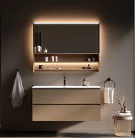 Meuble-lavabo CBMmart au design moderne imitation bois avec vasque en céramique, miroir intelligent et éclairage LED pour appartement
