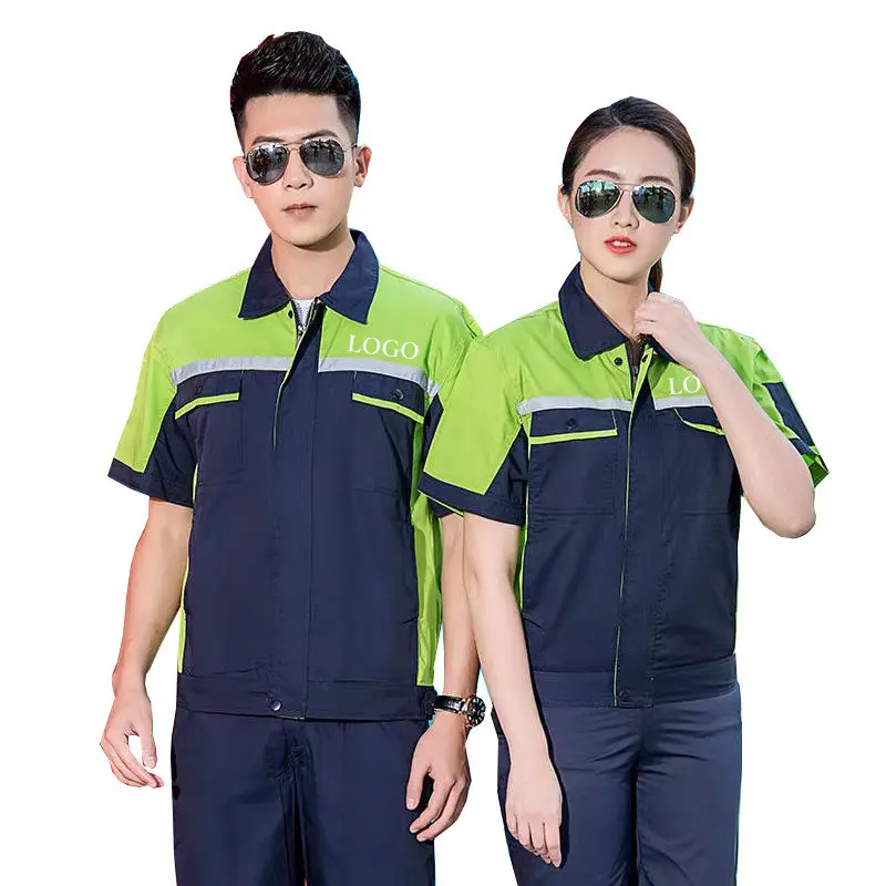 fashion factory logistics garage work outfit reflective stripe short sleeve men women worker uniform