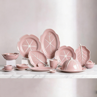 Service de table en céramique à motif de feuilles rose clair, bol en forme de pétale, assiette, vaisselle de luxe légère pour la maison, passe au micro-ondes