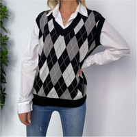 Gilet en tricot pour femmes, mode automne-hiver, à carreaux, col en V, veste sans manches, vêtement extérieur, vêtement intérieur