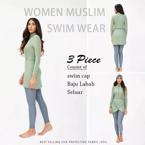 Couleur unie Femmes Couverture Complète Ensemble Trois Pièces Manches Longues <span class=keywords><strong>Burkini</strong></span> Conservateur Maillot de Bain Pantalon Long Chapeau Vêtements de Plage - Product Image 2