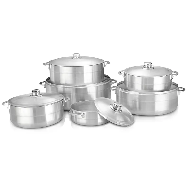 Set Caserole Dapur 12 Buah, Panci Masak Aluminium Cor, Caldero dengan Tutup Kaca