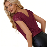 Hauts d'été personnalisés 2026 pour femmes, en tricot uni avec impression numérique, à manches courtes, anti-boulochage, à sequins scintillants, col en V, pour tenue décontractée