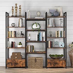 رف كتب ثلاثي من 5 مستويات مع 2 أدراج رف كتب خشبي ومعدني على النمط الصناعي - Product Image 5