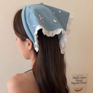 French Country Triangle <strong>Lace</strong> Denim Blue <strong>Headband</strong> with Bow, Beach Top Knot Hairband, Cute and Sweet Hair Accessory for Photos - Product Image 3