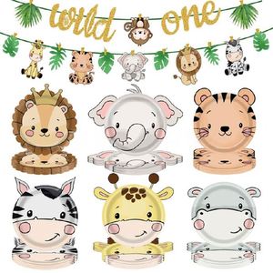 16 pièces de vaisselle et décorations pour fête d'anniversaire sur le thème Safari Jungle Zoo Wild One, 7 pouces. Assiettes en papier en forme d'animaux - Product Image 3