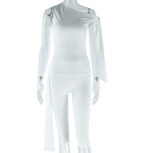 Vêtements pour femmes couleur unie costume décontracté Sexy sans manches à lacets haut cinquième pantalon costume - Product Image 6