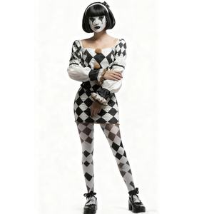 Disfraz de Payaso Arlequín de Poliéster para Mujer, Diseño a Cuadros Blancos y Negros, Estilo Vintage de Circo, Disfraz de Fantasía para TV, Películas, Halloween y Cosplay - Product Image 1