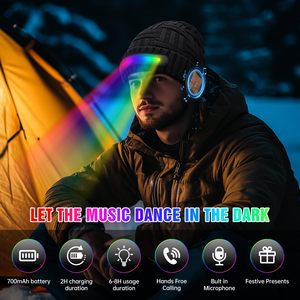 Chapeau lumineux musical d'extérieur pour les cadeaux du Nouvel An, chaleur hivernale, bonnet en tissu acrylique tricoté, casquette LED, écouteurs Bluetooth - Product Image 2