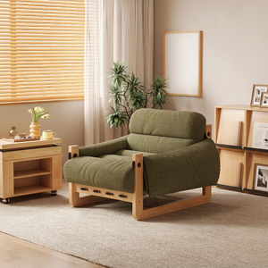 Fauteuil inclinable moderne en tissu vert avec pieds en bois, dossier solide, inclinaison manuelle, meubles de salon, style mid-century - Product Image 1