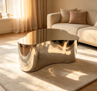 Table basse moderne de luxe léger, minimaliste, avec plateau miroir irrégulier, durable, en acier inoxydable argenté, pour salon et chambre