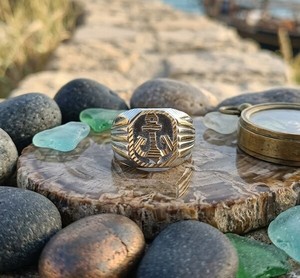 DIVYORO Nautical Anchor Heavy Signet <b>Ring</b> <b>Mens</b> Gold Plated 7g Fashion Jewelry Premium Copper Brass Classic Vintage Style Daily - Product Image 4