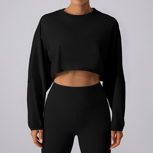 Scoop <b>Neck</b> Cropped Breathable Sportswear T-Shirt Base Shirt Yoga Running Loose Long Sleeved Women's Top with Front Logo - Product Image 1
