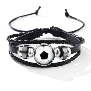 Soccer <b>Ball</b> Leather Wrap Bracelet Black Braided Cowhide Unisex Gift Jewelry - Product Image 1