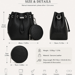 Fashion Women Bucket Bag Drawstring Shoulder Handbag Textured PU Leather Bucket Purse with Detachable Round Coin Pouch - Product Image 5