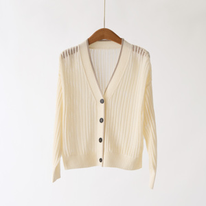 Artículos populares ahora Jersey otoño 2025 nuevo Tencel <span class=keywords><strong>Lino</strong></span> hueco elegante cuello en V cárdigan de punto para mujeres fabricantes de ropa - Product Image 1