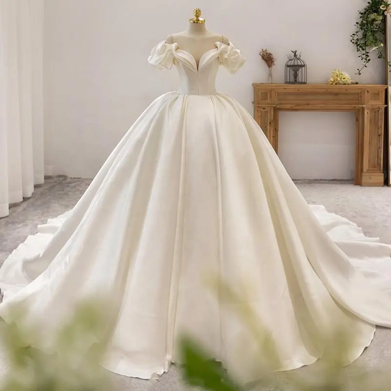 Off The Shoulder Flowers Short Sleeve Sweetheart Neck Lace Up Back Satin Ball Gown Wedding Dress With Chapel Train