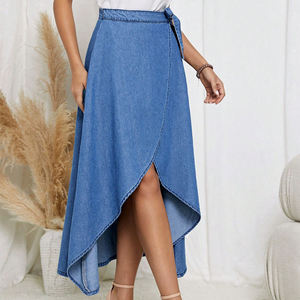 फैशन महिला विंटेज समर लेस-अप ब्लू हाई लो साइड शॉर्ट स्प्लिट रफ़ल हेम अनियमित फैन आउट डेनिम स्कर्ट - Product Image 5