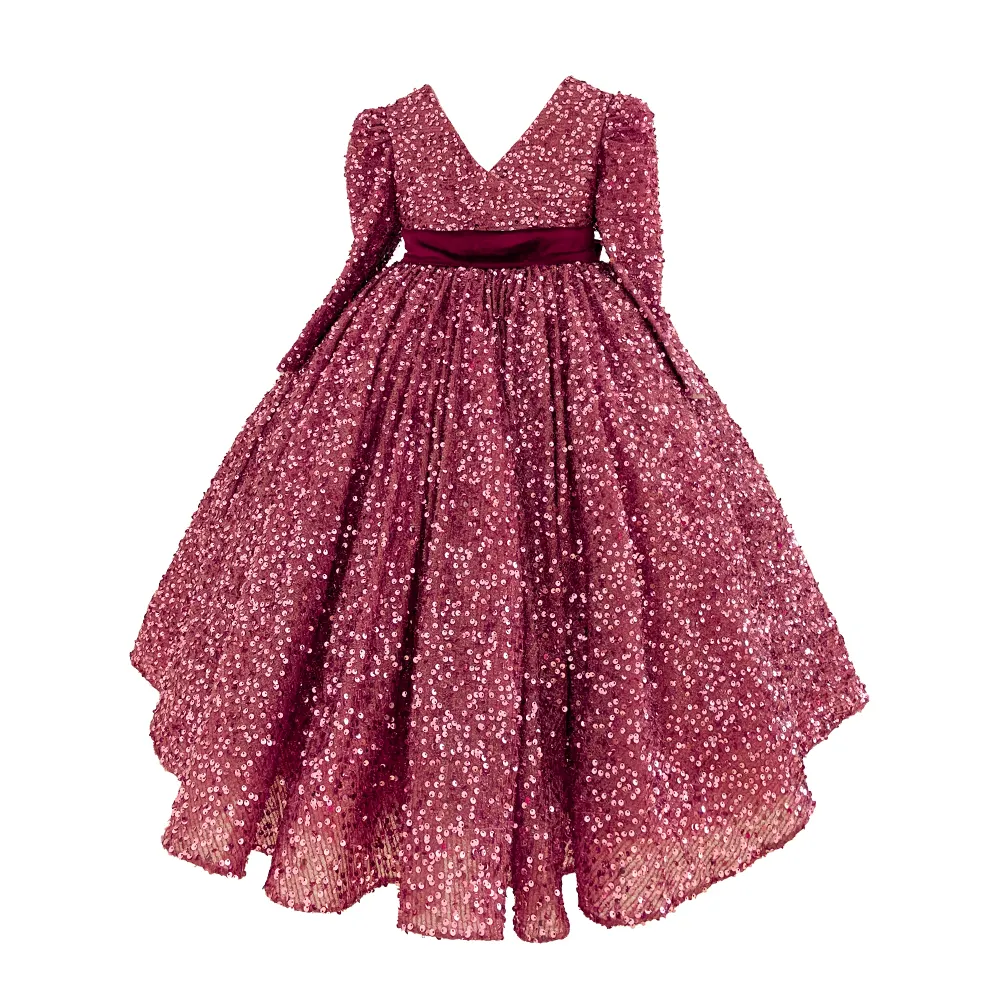 Nouvelle robe de bal rouge fleur fille col en v sans manches film brillant long anniversaire enfants fête de remise des diplômes robes de demoiselle d'honneur