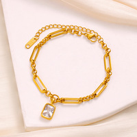 Pulsera de Acero Inoxidable con Baño de Oro PVD de 18K, con Dijes de Corazón, Redondos y Rectangulares con Circonita Cúbica, Pulsera Elegante para Mujer