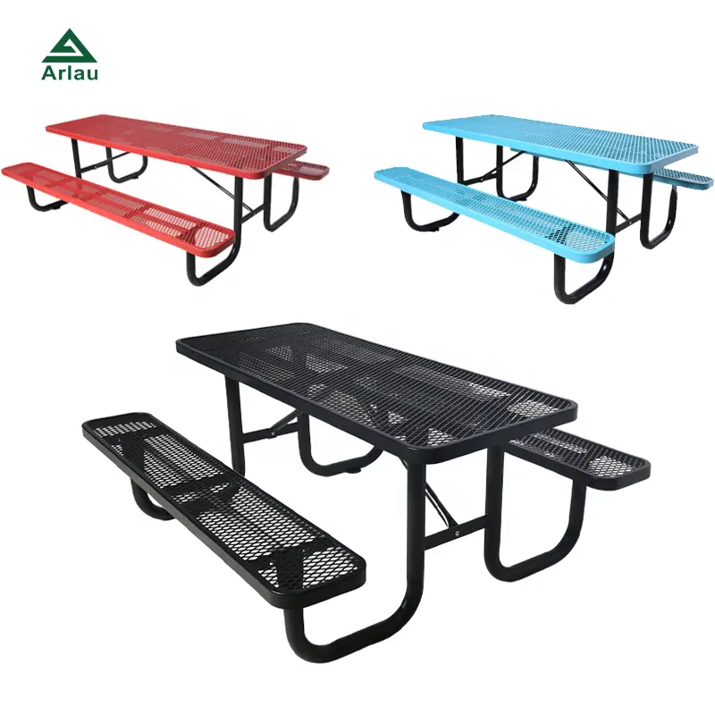 Outdoor Furniture Expanded Metal 6ft 8ft Long Commercial Picnic Table With Bench Restaurant Outside Steel Dining Table Chair