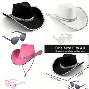 En stock : Ensemble de 3 chapeaux de cowboy/cowgirl blancs avec lunettes carrées et bordure argentée pour fête - Product Image 5