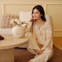 Nouvel ensemble de pyjama en satin de viscose à 100% avec imprimé floral, style coréen, avec col en dentelle