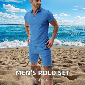 Ensemble décontracté d'été pour hommes Polo à manches courtes gaufré de couleur unie avec t-shirt tricoté à revers mince - Product Image 2