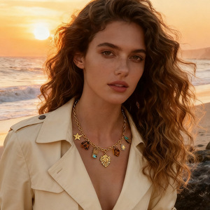 สร้อยคอสแตนเลสสตีลพร้อมจี้รูปหัวใจ ดวงอาทิตย์ และเสือดาว ชุบทอง 18k สายคล้องคอสำหรับผู้หญิง เครื่องประดับแฟชั่น - Product Image 1